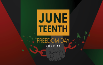 A digital graphic honoring Juneteenth, Freedom Day, on June 19
